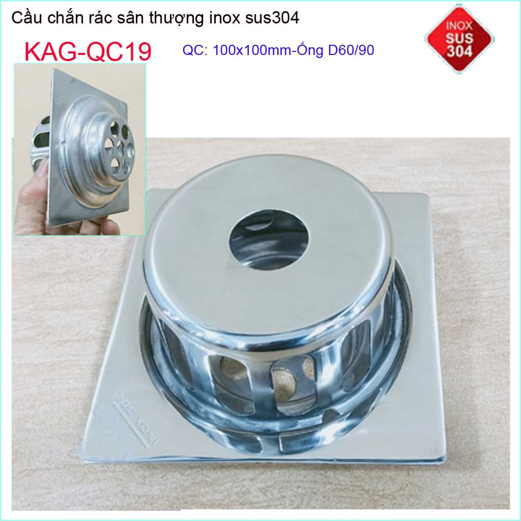 Cầu chắn rác đế vuông 10 x 10cm D60 KAG-QC19, thoát nước sân thượng SUS304 ống 6cm thoát nhanh chắn rác tốt