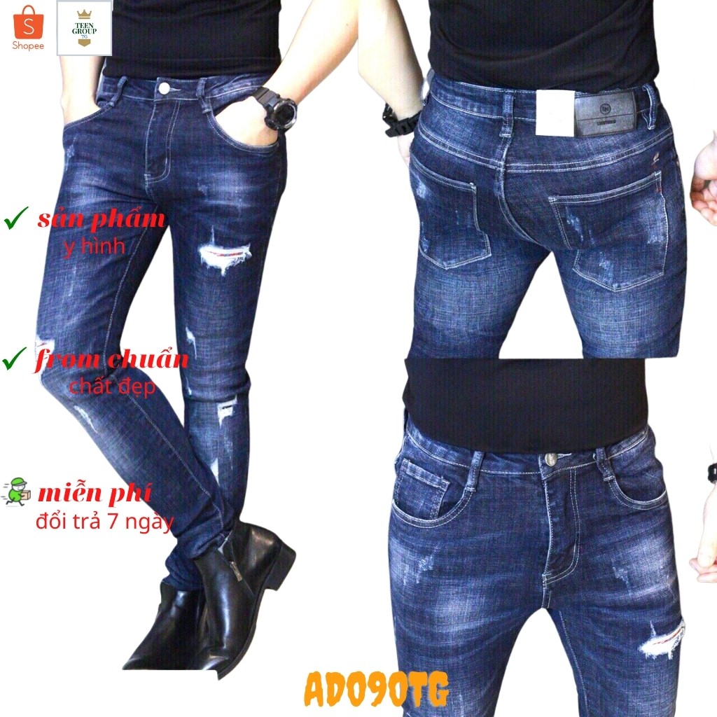 Quần jean nam xanh rách gối, Quần zin nam chất liệu bò cao cấp co dãn 4 chiều đẹp from dáng rin skinny A294