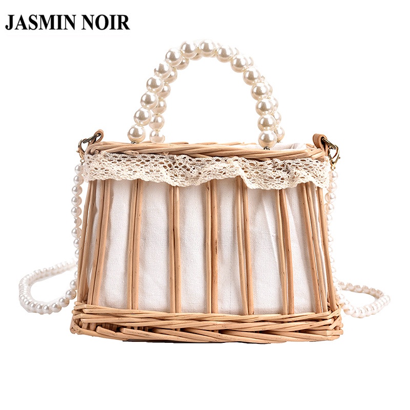Túi Xách JASMIN NOIR Đan Cói Dáng Vuông Đính Ngọc Trai Kiểu Retro Sang Trọng Cho Nữ