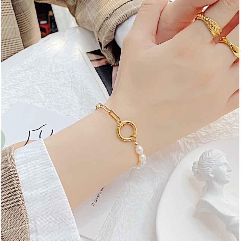 Lắc Tay Dây Xích Phối Ngọc Trai Nhân Tạo Titan Ko Đen TT 4255