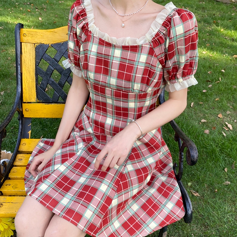 Large Size Dress Retro Plaid Red Dress Square Mouth Bubble Sleeve French Skirt 2020 New Summer | BigBuy360 - bigbuy360.vn