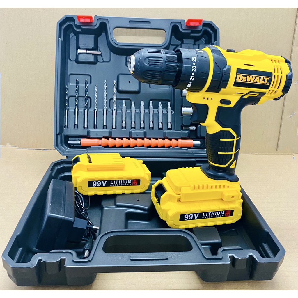 Máy khoan pin 99V DEWALT 3 chức năng có búa / Chuyên khoan tường, khoan sắt, khoan gỗ, tặng kèm bộ phụ kiện 24 chi tiết