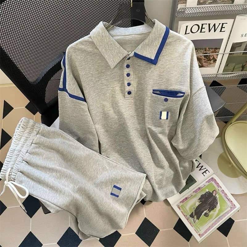 Bộ cổ bẻ nam nữ viền xanh KA12