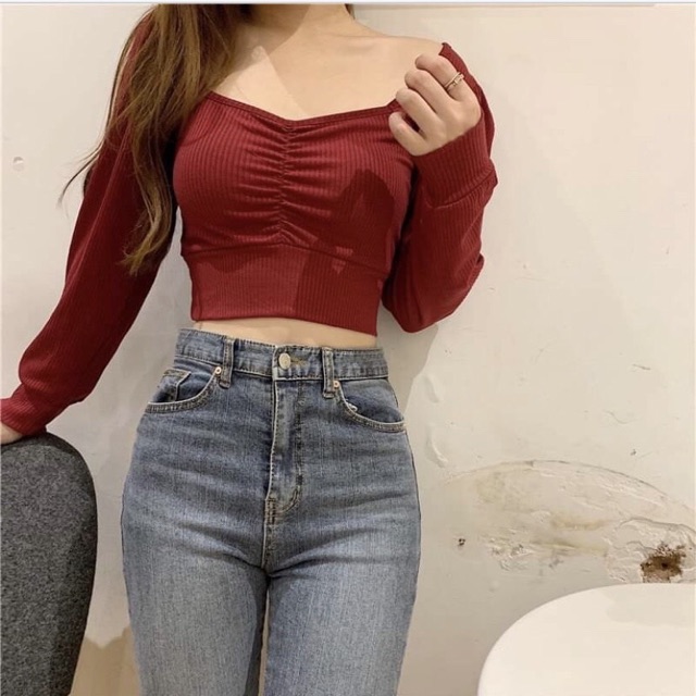 Áo kiểu croptop tay dài nhún ngực thun gân