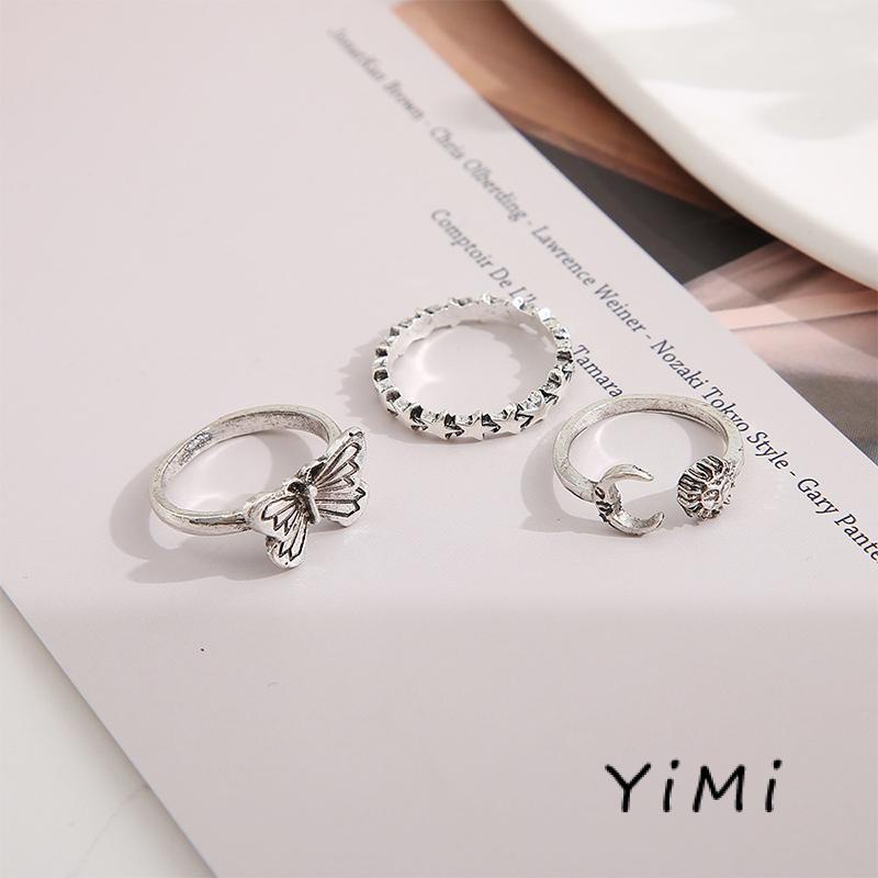 [mo] Bộ 3 Nhẫn Hình Ngôi Sao Mặt Trăng Sáng Tạo Phong Cách Retro