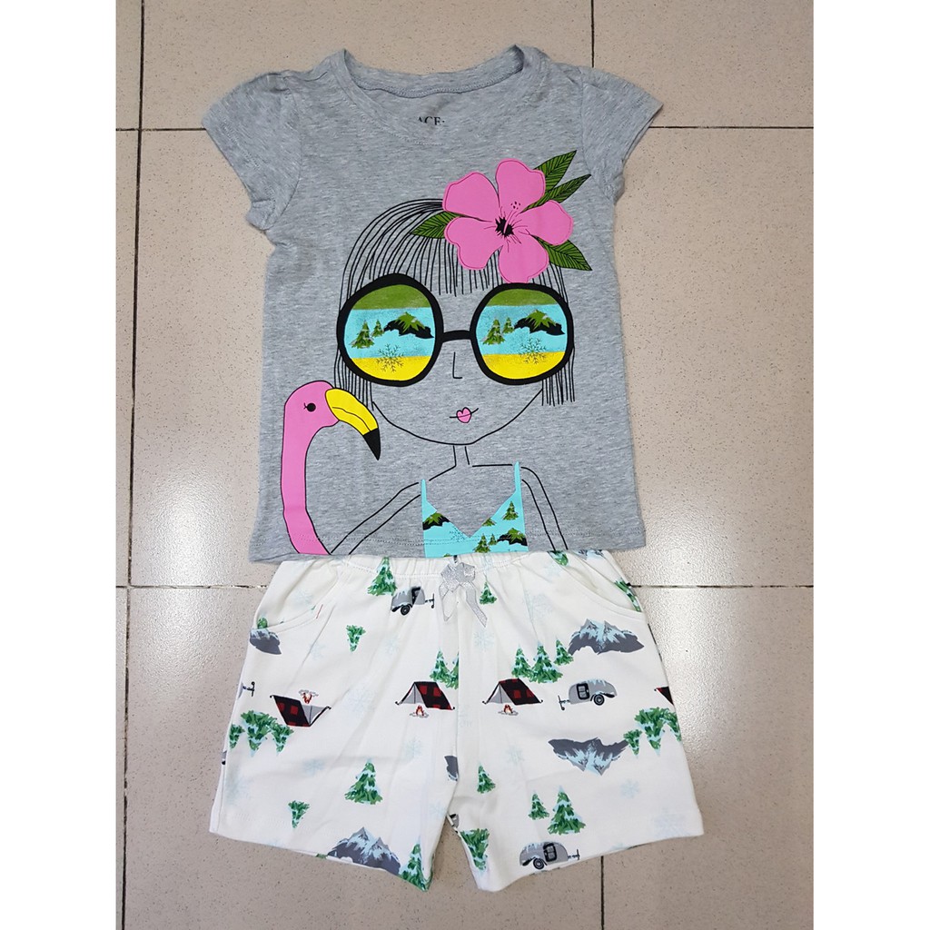 Bộ thun cotton in bé gái đeo kính mát rượi mùa hè nhỏ và lớn