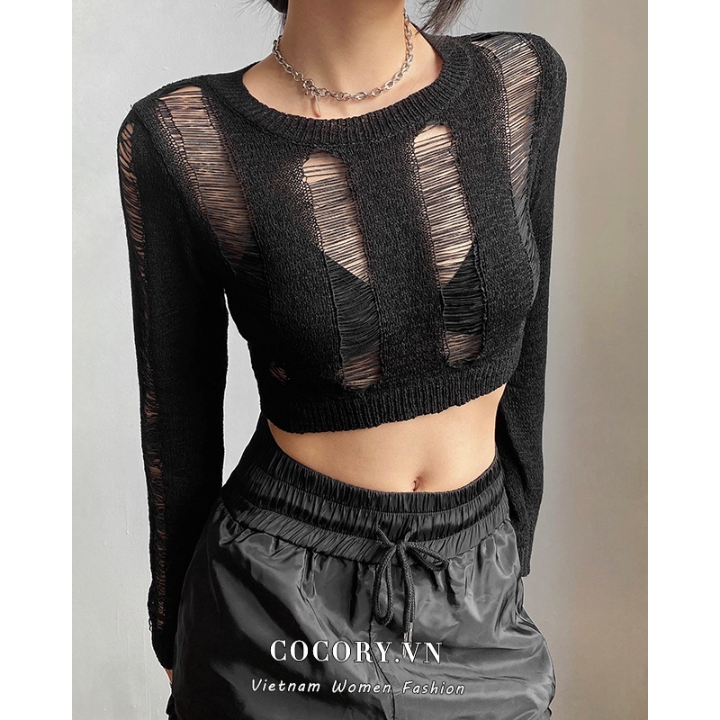 Cocory vn Áo Dệt Kim Tay Dài Cổ Tròn Thiết Kế Khoét Quyến Rũ