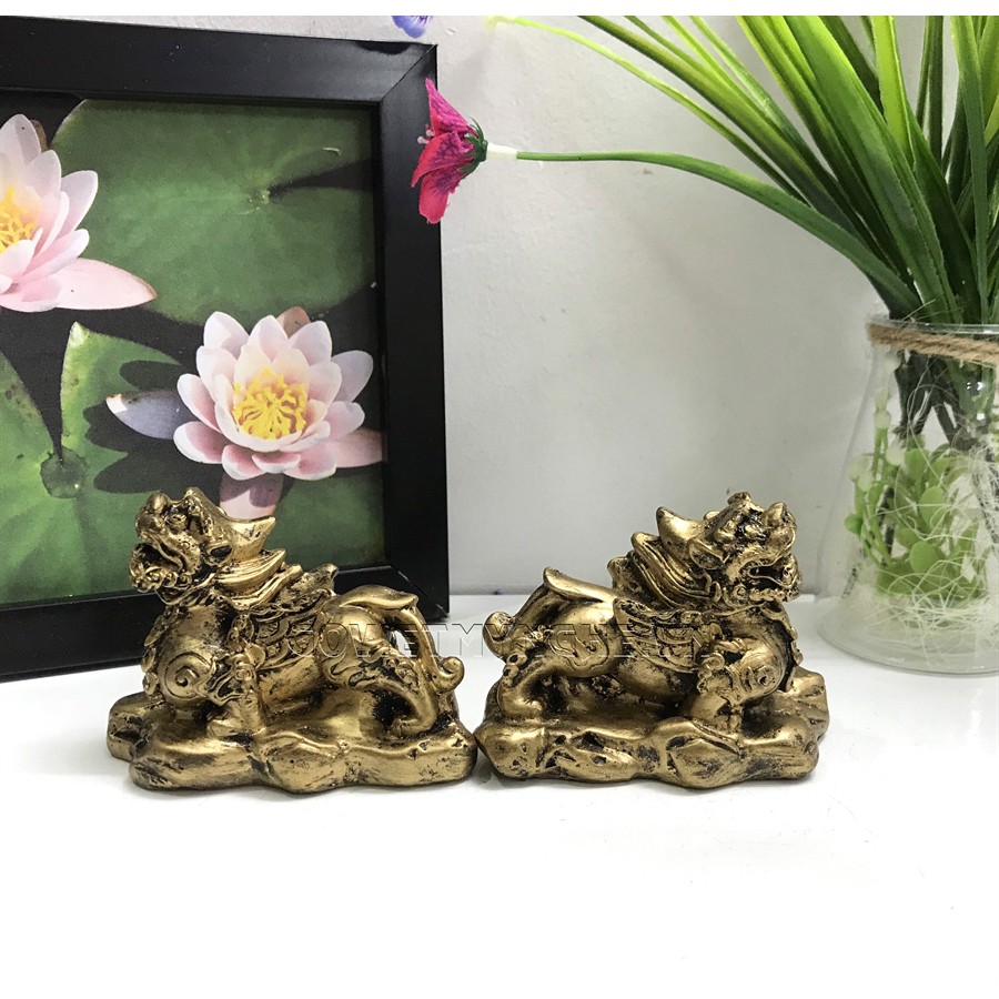 Cặp 2 Tượng Đá Tỳ Hưu Phong Thủy - Cao 5.5cm - Màu Nhũ Vàng - Size Nhỏ