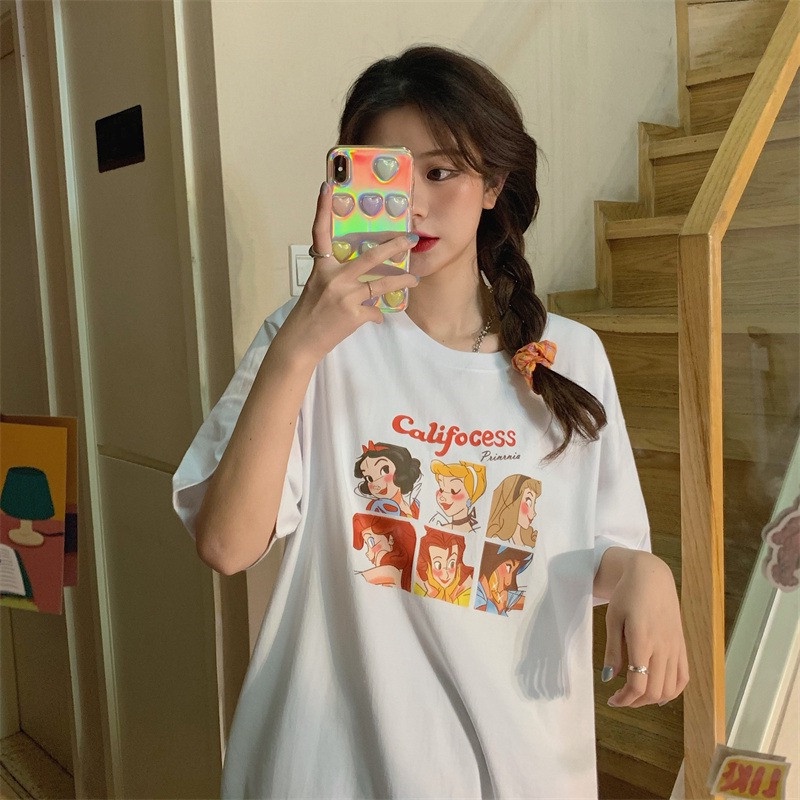 Áo Thun Cotton Tay Ngắn Dáng Rộng In Hình Công Chúa Disney Thời Trang Mùa Hè Cho Nữ