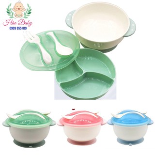 Bát ăn dặm chống đổ, khay 3 ngăn, thìa, dĩa cho bé