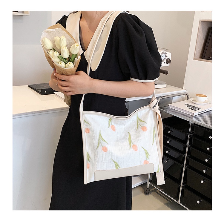 Túi Đeo Vai Vải Canvas Cỡ Lớn 2022 Họa Tiết Hoa Tulip Phong Cách Hàn Quốc Thời Trang Cho Nữ