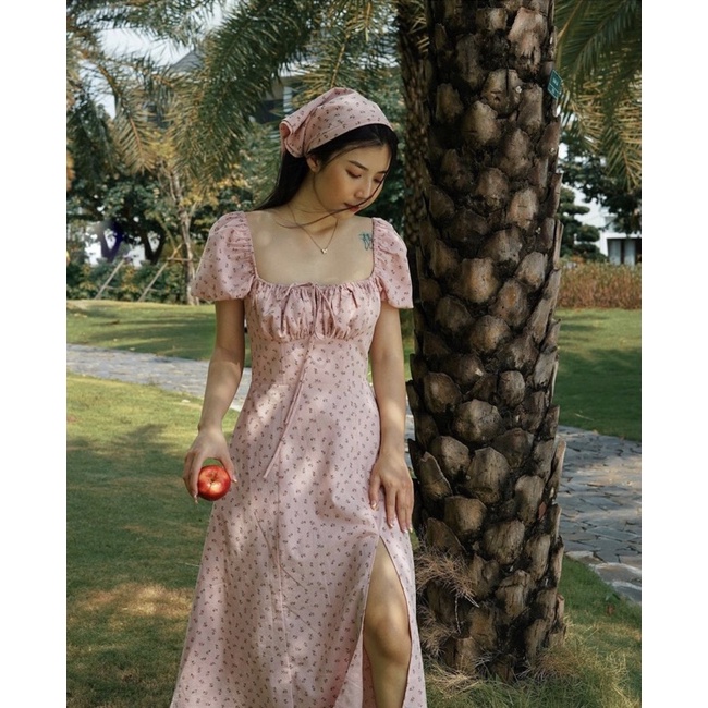 Florence - Đầm midi tím hoa nhí tay phồng xẻ tà
