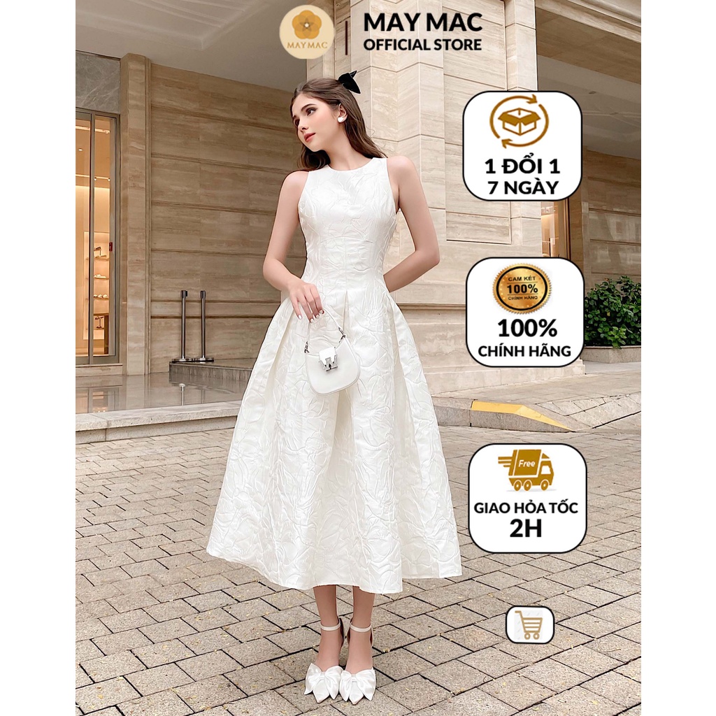 Váy gấm cổ tròn sát nách dáng xòe họa tiết in nổi sang trọng MAY MAC M25