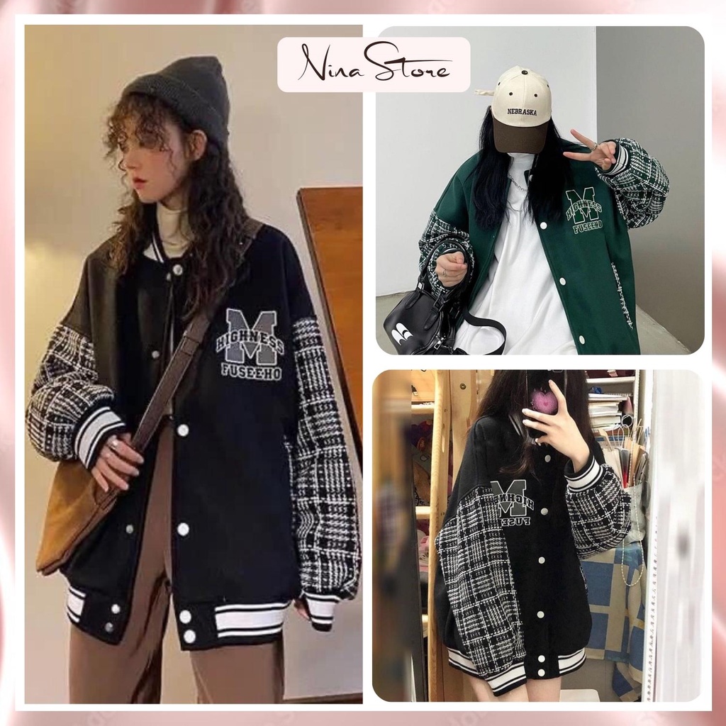 Áo bomber unisex kẻ caro chữ m tay kẻ bồng bo tay dáng rộng unisex uzzlang thêu phối tay NinaStore