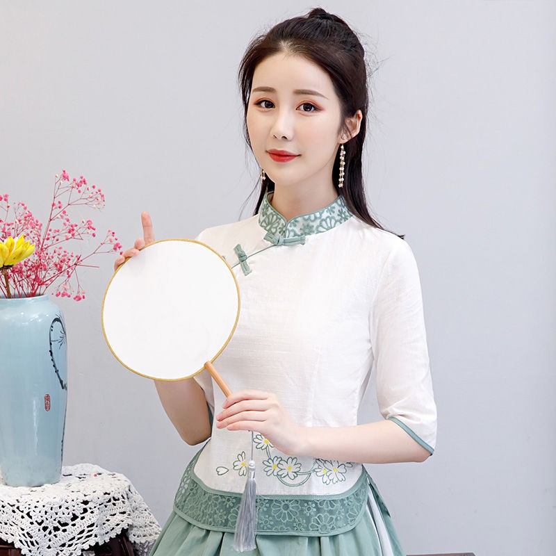 ▽♞☃20 mùa thu phong cách dân tộc mới nữ hai mảnh vải cotton và lanh Phù hợp với áo dài cải tiến sườn xám thêu