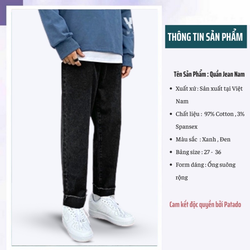 Quần jean nam baggy rách gấu ống rộng chất bò cao cấp Patado