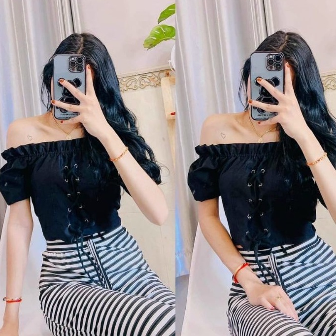 Áo bẹt vai đan dây croptop vải kate nhật siêu đẹpp