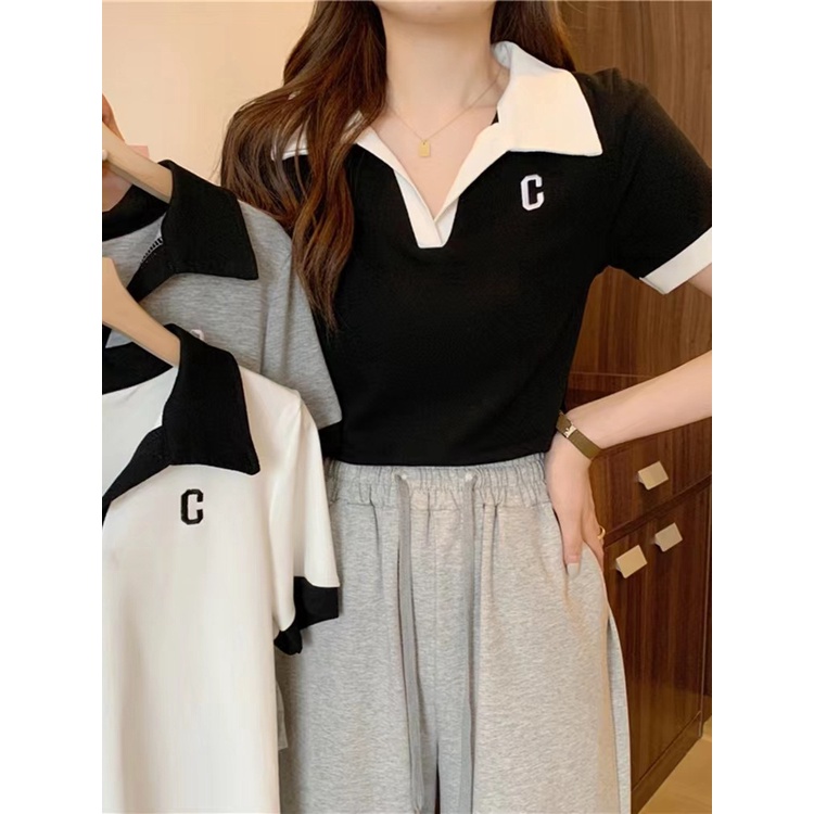 Áo polo Tay Ngắn Cổ Chữ V Thêu Chữ C Màu Sắc Tương Phản Phong Cách Hàn Quốc Thời Trang Mùa Hè 2022 Dành Cho Bạn Nữ
