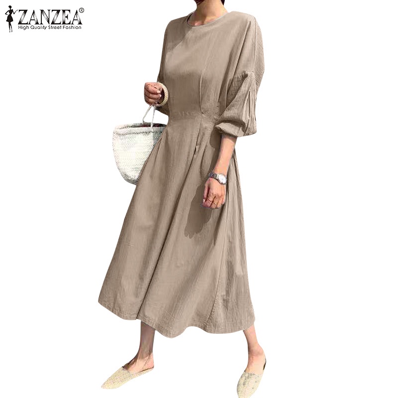 Đầm dài ZANZEA tay dài 3/4 thắt dây eo co giãn thời trang tùy chọn màu sắc dành cho nữ