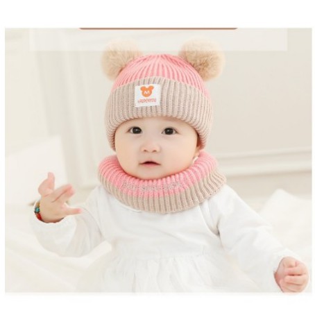 [Siêu đẹp] Sét mũ len 2 quả bông kèm khăn len ống quàng cổ cho bé trai bé gái