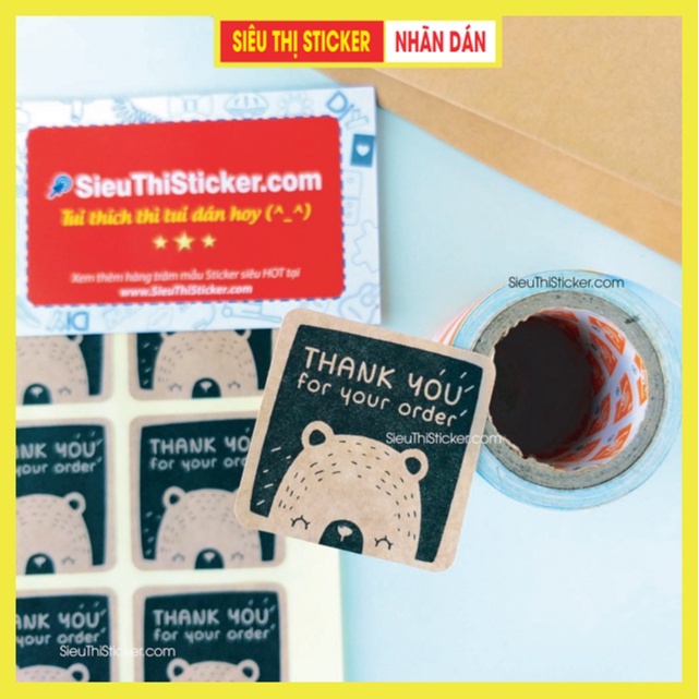 Tem Thank You For Your Order gấu đen hình vuông TYFYO05 dán trang trí quà tặng,hộp bánh kẹo