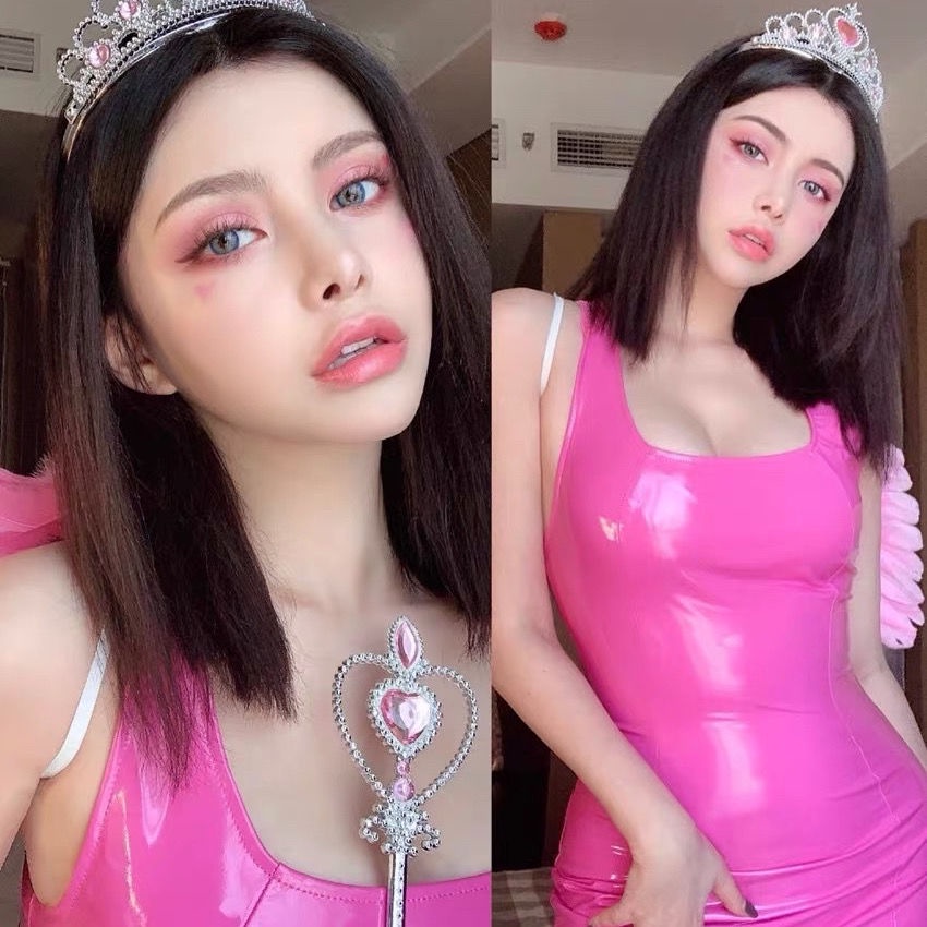 Ins Đầm Ngắn Ôm Hông Không Tay Ngắn Ôm Dáng Bằng Da Bóng Màu Hồng Kiểu Búp Bê Barbie Gợi Cảm W