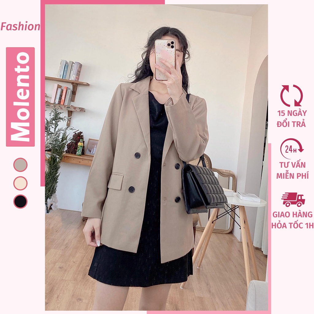 Áo Blazer Nữ Áo Vest Khoác Ngoài 2 Lớp Dài Tay Túi Nắp Dáng Rộng Phong Cách Hàn Quốc Màu Nâu Tây Be Đen Xanh MOLENTO M77