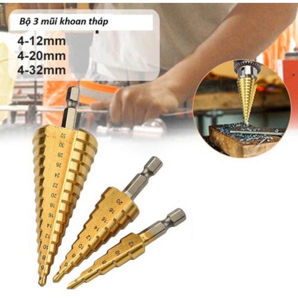 3 mũi khoan tháp, bước phủ titan siêu cứng 4-32mm (nhiều cỡ lỗ trong 1 mũi khoan)