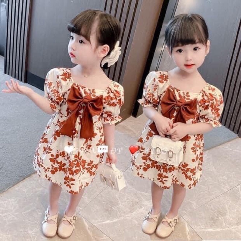 Váy Xinh Cho Bé Gái 6-18kg LINA KIDS Váy hoa phối nơ trước ngực.