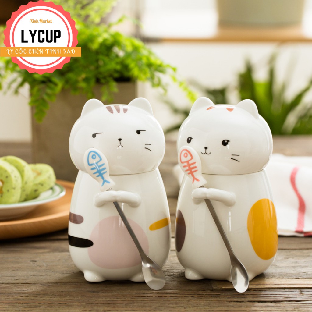 Cốc sứ cao cấp,cốc uống trà quai liền thìa có nắp đậy Gốm sứ cao cấp 400ml