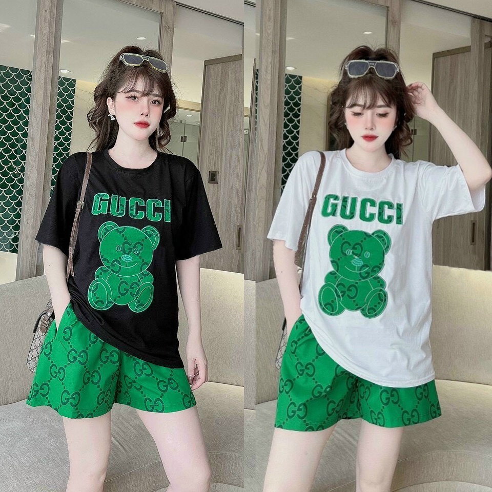 Đồ bộ thun đùi form rộng áo thun cotton thêu gấu quần thun lạnh in 3D màu xanh lá hiện đại