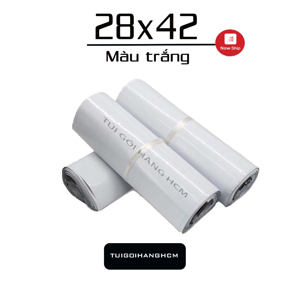 Túi nilong có miếng dán tự dính màu trắng size 28x42 loại bóng đẹp, nhựa nguyên chất -Tuigoihanghcm