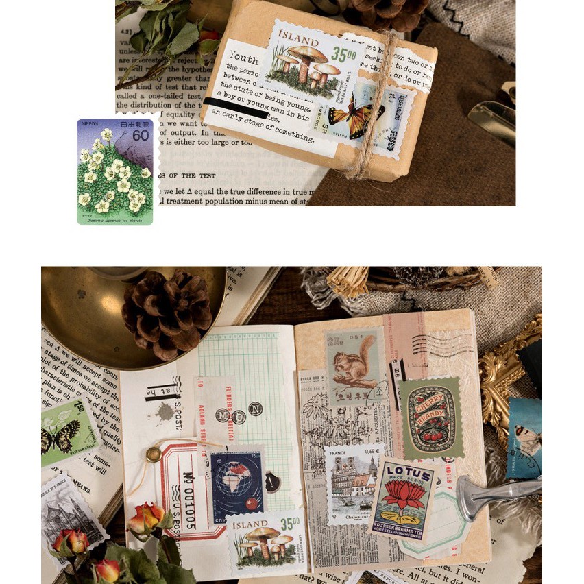 Bộ 46 tem dán Sticker kiểu Retro - Nhãn dán hình tem trang trí Bullet Journal VPPTUEMINH, album