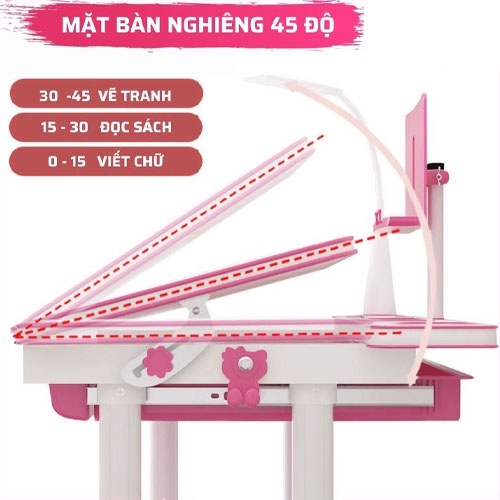 Bàn học thông minh chống gù B05, bàn học sinh cho bé từ tiểu học SIZE LỚN 80 CM (Tặng kèm đèn học + đệm tựa lưng)