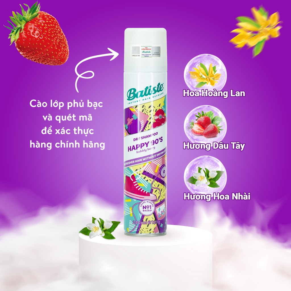 Dầu Gội Khô Batiste Hương Dâu Tây - Batiste Dry Shampoo Happy 90's Bubbly Berry 200ml