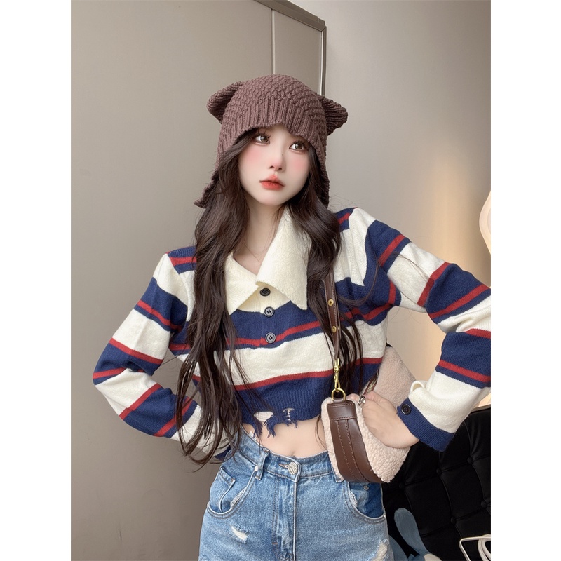 Áo sweater dệt kim cổ bẻ tay dài họa tiết sọc ngang phong cách thời trang Mỹ cho nữ