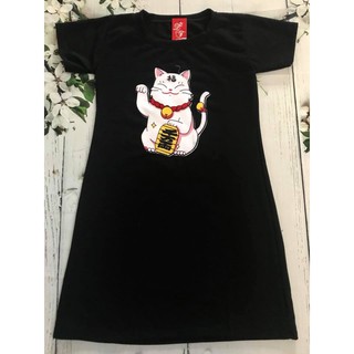 Đầm suông thun hình mèo thần tài