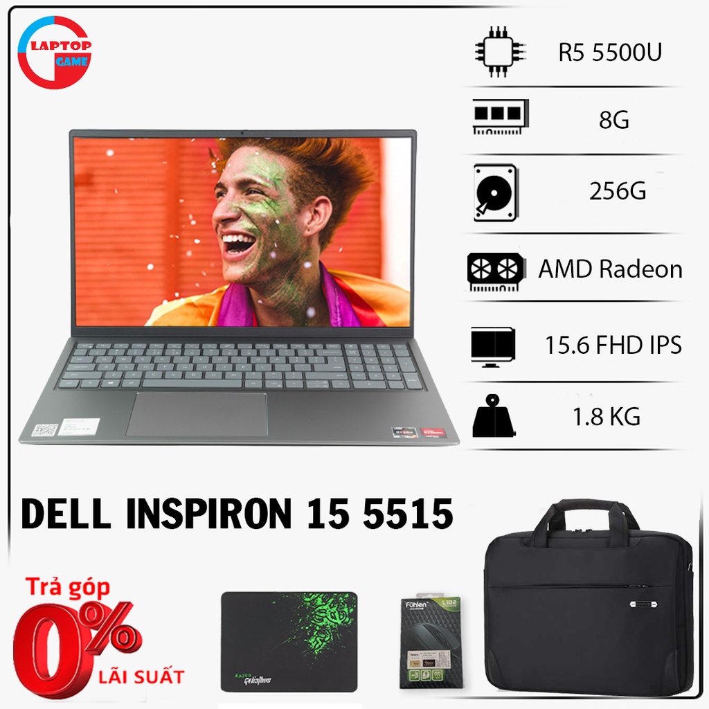 [Mới 100%] Laptop Dell Inspiron 15 5515 Ryzen 5-5500U, 8GB, 256GB, Radeon Graphics, 15.6'' FH