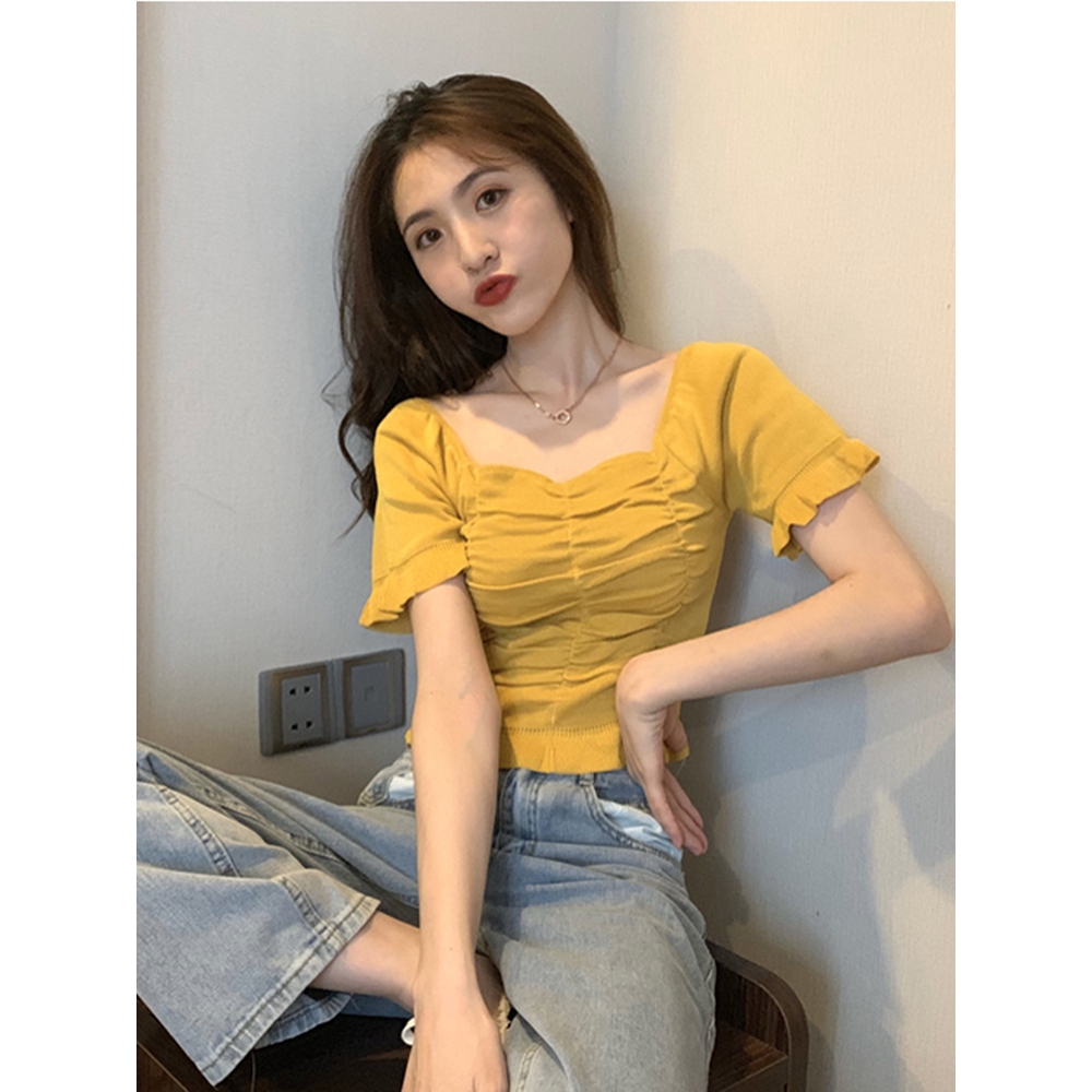 (Sẵn vàng trắng)Áo croptop ôm body nữ tay ngắn 2021, áo kiểu nữ đẹp màu trắng, đen, vàng cổ vuông sang chảnh | BigBuy360 - bigbuy360.vn