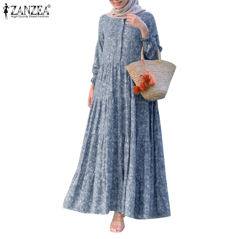 Đầm Maxi ZANZEA Tay Dài In Họa Tiết Phong Cách Nữ Hồi Giáo Thời Trang