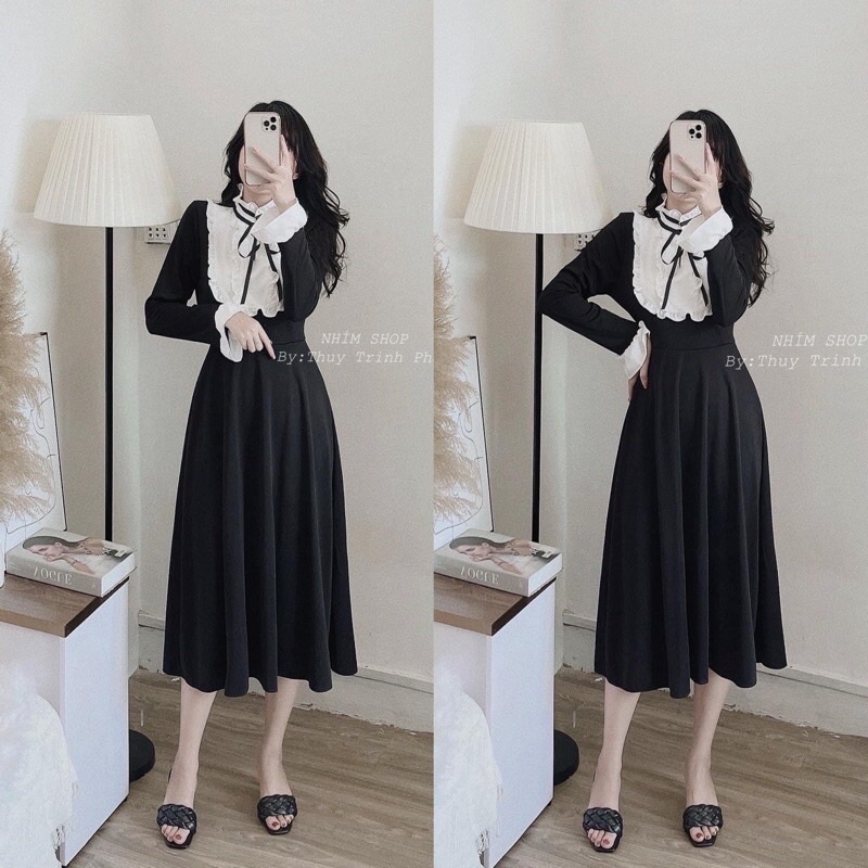 Váy Umi  dáng xoè tiểu thư  cổ phối viền bèo thắt nơ siêu đẹp (kèm ảnh thật Shop chụp