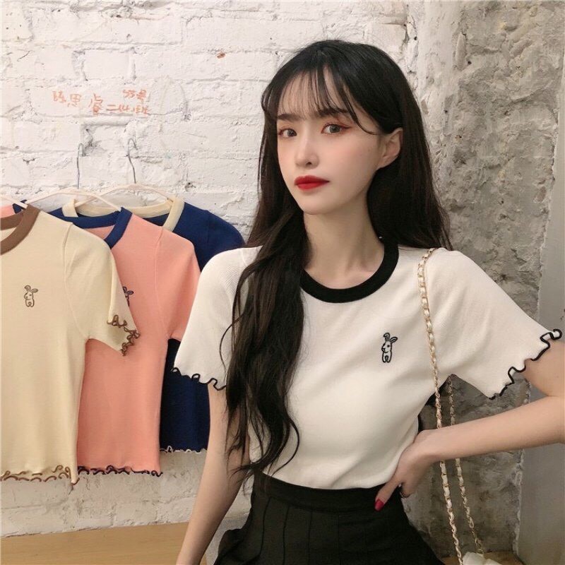 ÁO CROPTOP KIỂU CỔ TRÒN THÊU THỎ TRƯỚC NGỰC VẢI THUN GÂN [CLIP THẬT][FREESHIP] hàng loại 1, form ôm body chuẩn | BigBuy360 - bigbuy360.vn