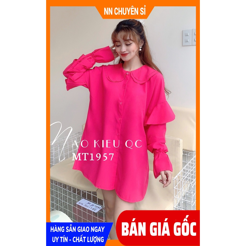 Áo sơ mi nữ phom to chất vải mềm mịn mát phối sọc kiểu in hình dễ thương Sơ mi MT