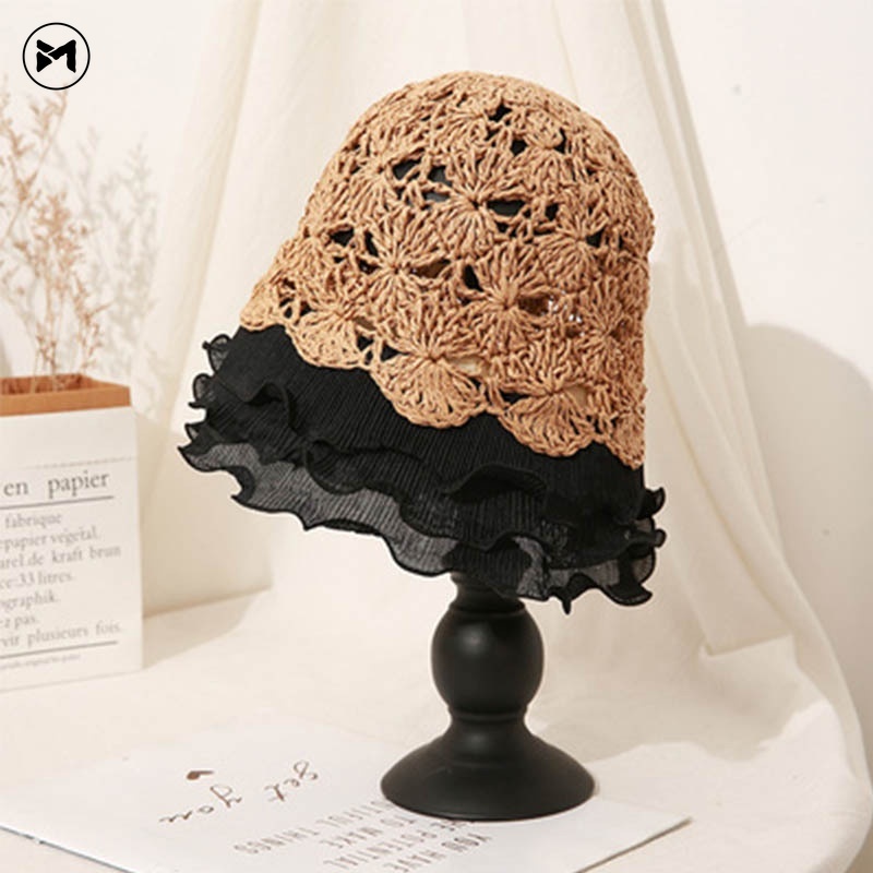 Nón Tai Bèo Đan Cói Phối Ren Thoáng Khí Chống Nắng Thời Trang Xinh Xắn Cho Nữ