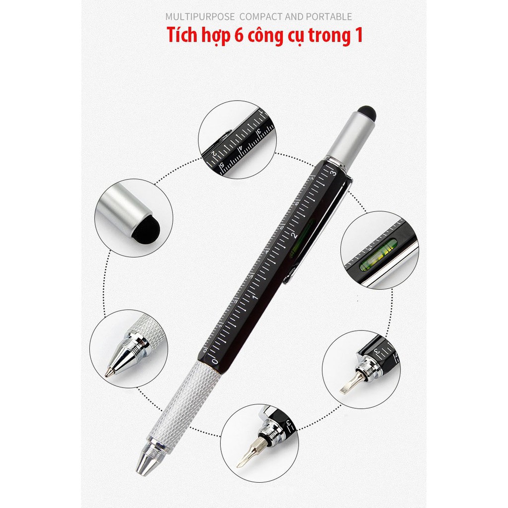 Bút Nhật Thông Minh Đa Chức Năng Compact 6in1 (Bộ 2 cái : Đen+Bạc) - Home and Garden