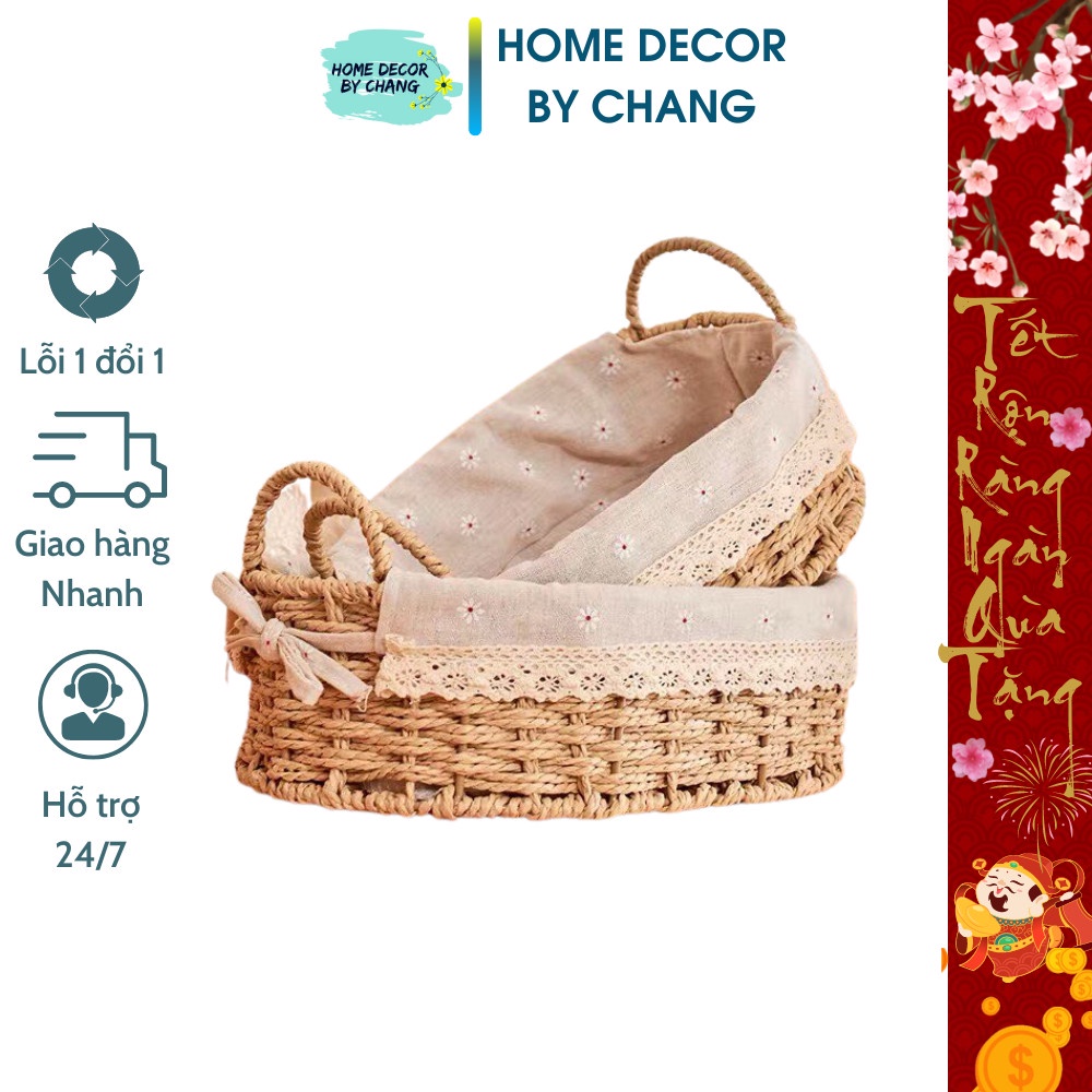 Giỏ cói lót vải đựng mỹ phẩm, đựng đồ cá nhân, trang trí kệ, chụp ảnh sản phẩm decor xinh xắn Hình bầu dục có quai