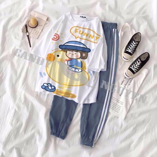 Sét Bộ Quần Áo Thời Trang Ulzzang Style Nữ Ngắn Tay Mặc Đi Chơi, Áo Da Cotton In 3D Funny Mix Quần Thun Bo Gấu