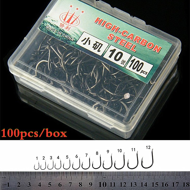 Hộp 100 móc câu cá bằng thép carbon 1-12 chuyên dụng