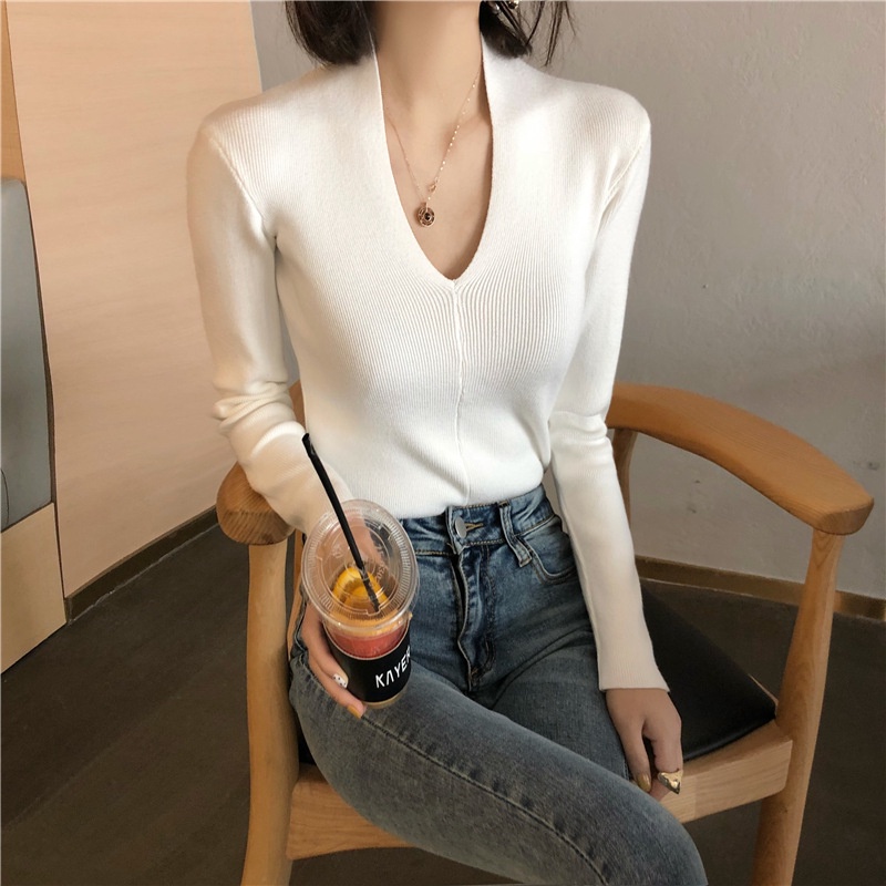 Áo sweater ZHELIHANGFEI dệt kim tay dài cổ chữ V phong cách phương Tây