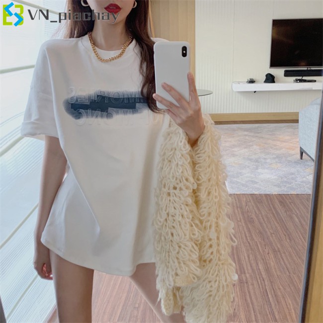 COD Women  T-shirt Three-dimensional Foaming Printing White Top Mid-length Loose Short-sleeved Shirt